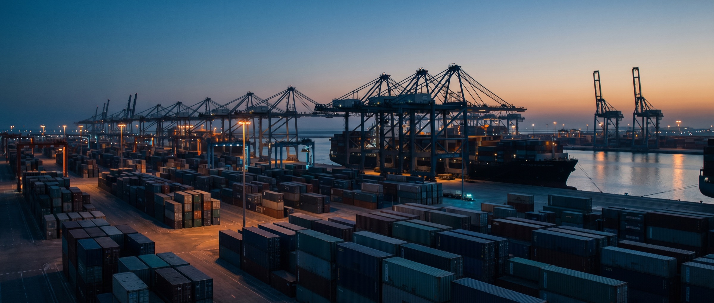 Container terminal in the Arabian Gulf at dusk, gantry cranes and stacked containers under terminal lighting