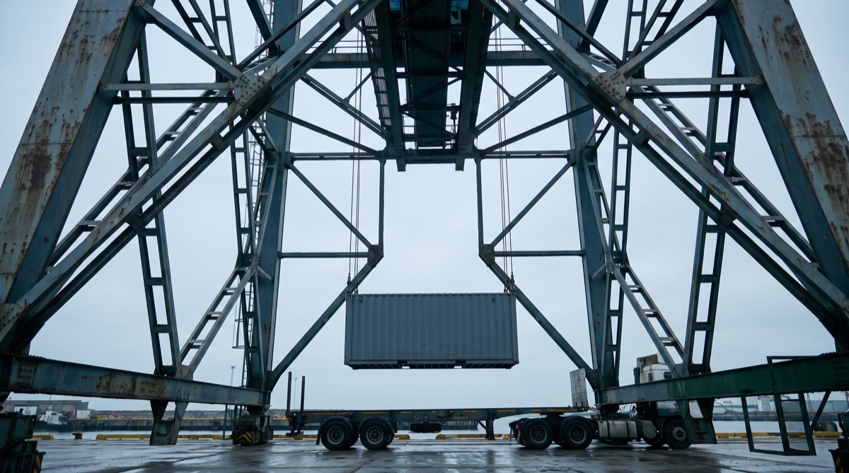 A ship-to-shore gantry crane lowering a container onto a waiting truck chassis