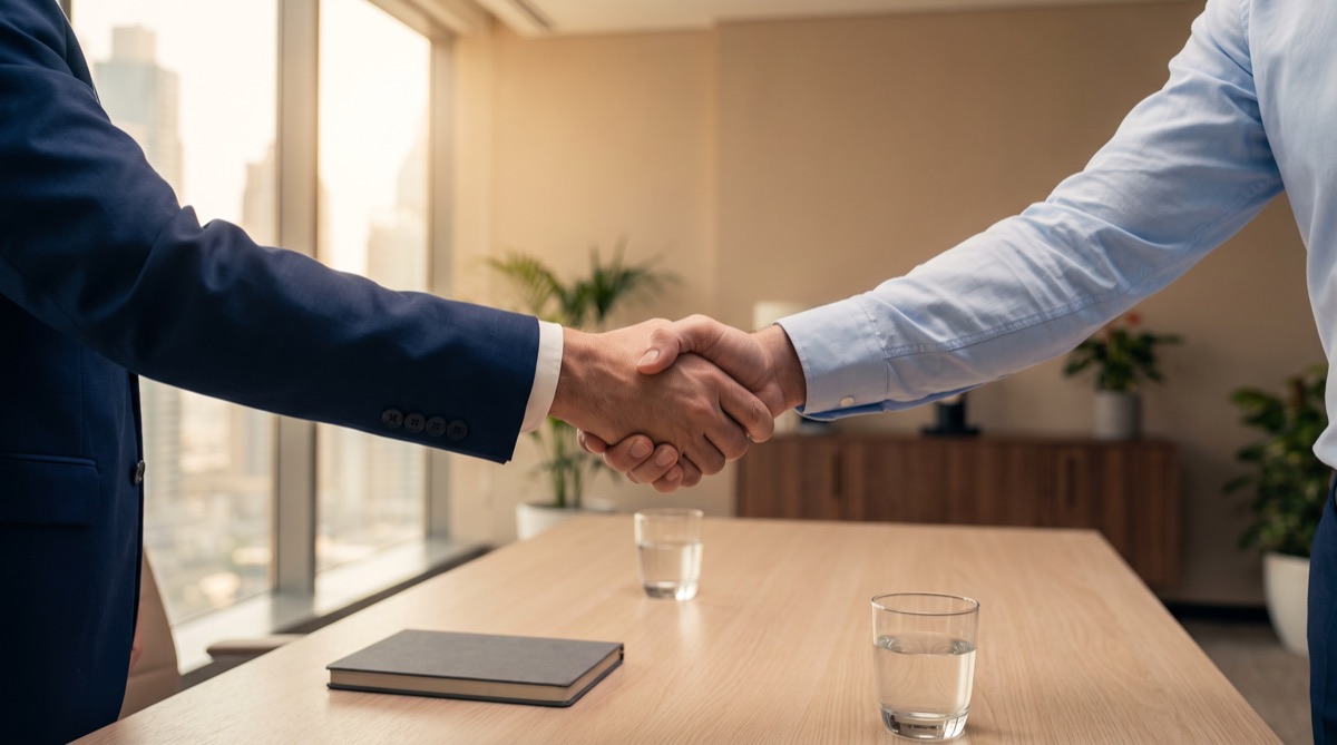 Two people shaking hands across a table in a Dubai office